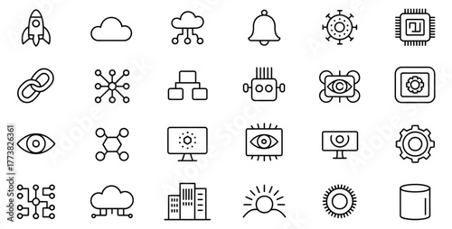 Explore a world of innovative technology with these sleek line icons for modern interfaces and designs, ideal for technology startups, cloud services, and digital transformation initiatives