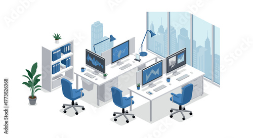 Modern isometric office workspace with computers and chairs overlooking city skyline