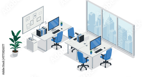 Modern isometric office space with desks, computers, and city view