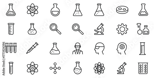Explore science with this collection of icon designs, ideal for websites, presentations, and educational materials, featuring beakers, microscopes, atoms, and more