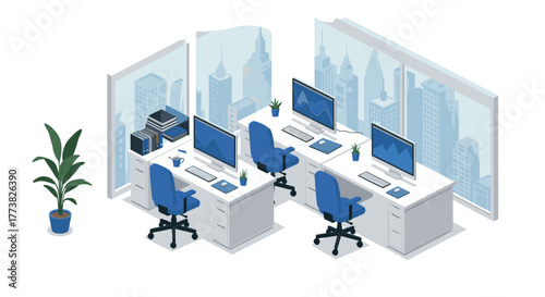 Modern office workspace with computers and cityscape view in isometric design