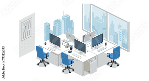 Modern isometric office workspace with computers and city view