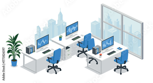 Modern isometric office workspace with desks and computers in urban setting