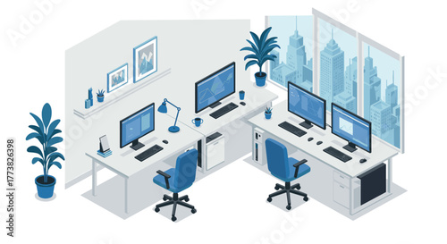 Modern isometric workspace with computers and city view in blue palette