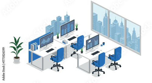 Modern isometric office workspace with computers and urban view background