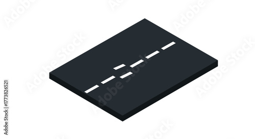 Isometric road segment with dashed lines on textured asphalt surface