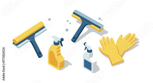 Isometric cleaning tools with squeegees, spray bottles, and gloves for home maintenance