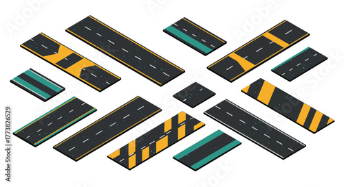 Isometric road segments with lanes and markings for city planning design