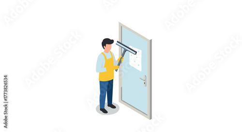 Isometric window cleaner in uniform using squeegee on glass door