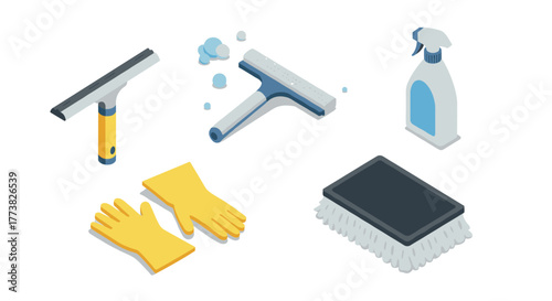 Essential cleaning tools in isometric design for home maintenance