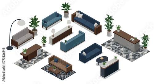 Isometric living room furniture set with modern sofas and indoor plants