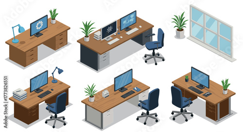 Modern isometric office workspace with desks, computers, and chairs