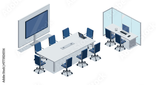 Modern isometric conference room with blue chairs and technology setup