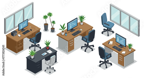 Modern office workspace with desks, computers, chairs, and plants in isometric design