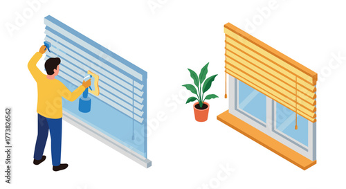 Isometric window blinds with cleaning scene and indoor plant decor