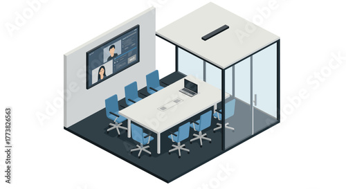 Isometric modern conference room with video meeting setup and glass walls