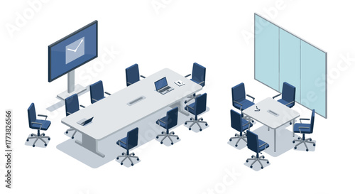Modern office boardroom with isometric conference setup and technology integration
