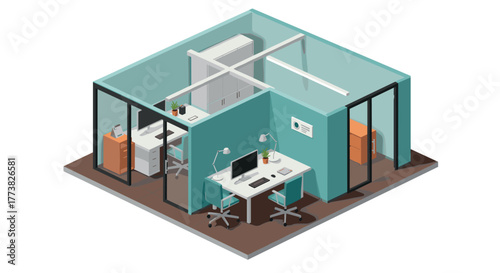 Modern isometric office space with desks and chairs in minimalist design