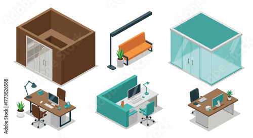 Modern office interior design elements with isometric furniture and decor