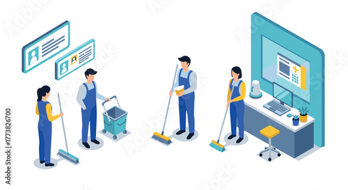 Isometric office cleaning concept with workers mopping and tidying workspace