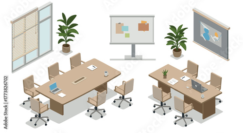 Modern office meeting room with furniture and plants in isometric design