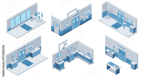 Isometric hospital interior design modern medical facility rooms and equipment