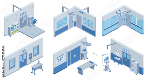 Isometric hospital interior designs with modern medical equipment and facilities