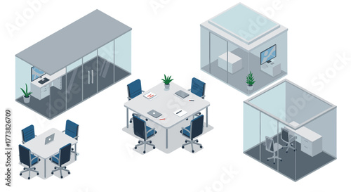 Isometric modern office design with meeting rooms and workstations