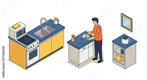 Isometric kitchen design with man cleaning counter in modern style