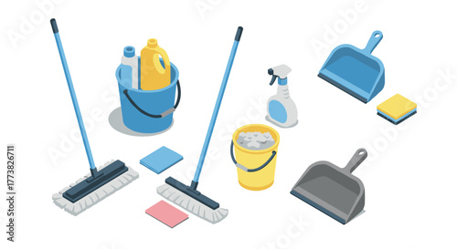 Isometric cleaning supplies collection featuring mops, detergents, and dustpans