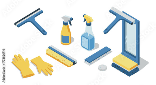 Isometric cleaning tools set with gloves and spray bottles for window washing