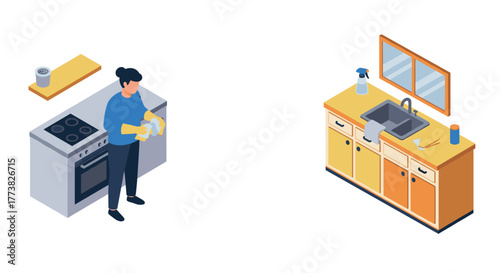 Isometric kitchen cleaning scene with woman and modern appliances