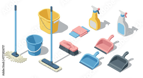 Isometric cleaning tools with mops, buckets, brushes, and sprays for home and office hygiene