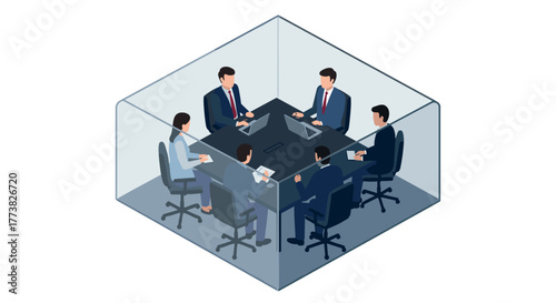 Isometric office meeting inside transparent box team collaboration and corporate isolation