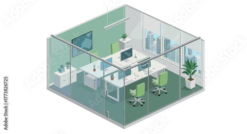 Modern isometric office design with glass walls and green accents