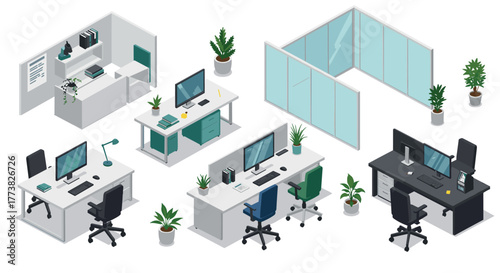 Modern office interior with isometric desks, computers, and plants
