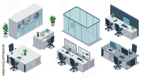 Modern isometric office workspace design with desks, chairs, and plants