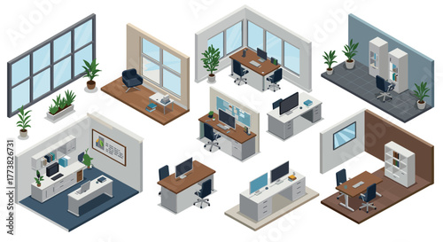Isometric office interiors with modern furniture and workspace design elements