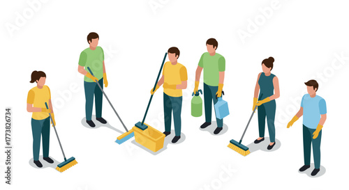 Team of cleaners with mops and supplies in isometric style