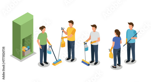 Isometric group of people cleaning with supplies and tools