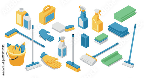 Isometric cleaning supplies seamless pattern with tools and accessories on white background