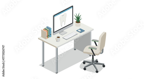 Modern dental office workspace with computer and office supplies in isometric style