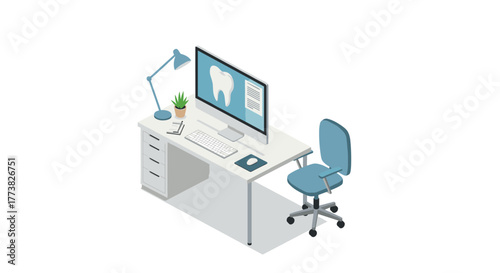 Isometric dental office workspace with computer and blue chair