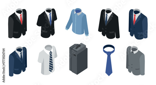 Collection of isometric office attire icons featuring suits, shirts, and accessories