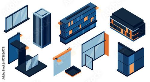 Modern isometric buildings and architectural structures in urban design