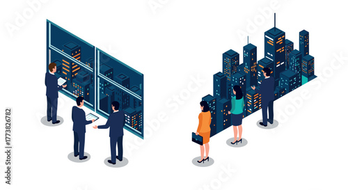 Business team analyzing cityscape growth on digital displays in isometric office setting