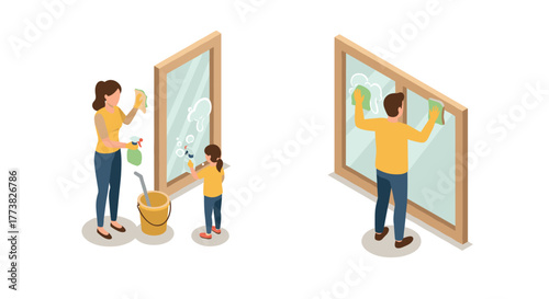 Isometric family cleaning windows parents and child with sprays and cloths