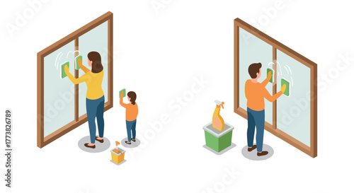 Isometric family cleaning windows parents and child engaged in home chores with supplies