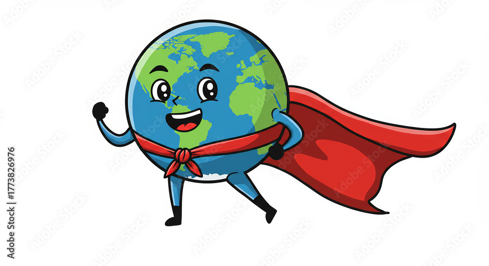 Obraz premium Cartoon earth superhero with red cape and smiling expression isolated