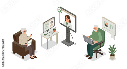 Virtual healthcare for seniors in isometric style featuring telemedicine technology